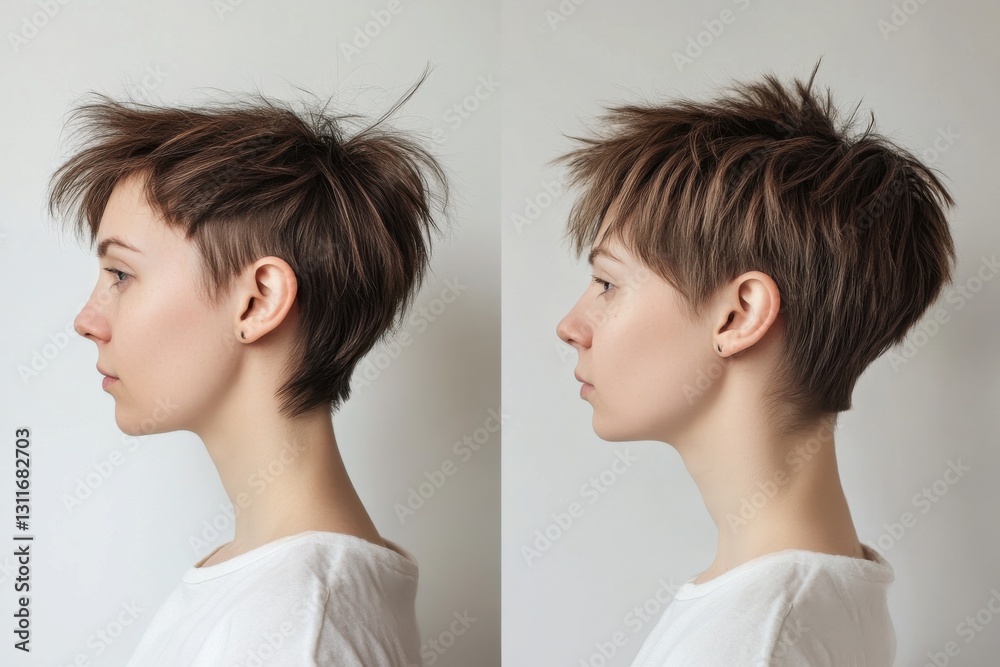 Transformative hair experiment showing before and after of a hairstyle makeover with a trendy cut Transformative hair experiment showing before and after of a hairstyle makeover with a trendy cut