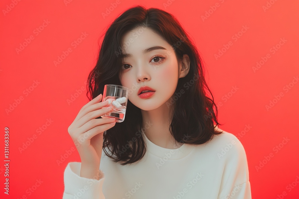 Young Woman with Dark Hair Drinks Water Pills Red Background Studio Shot Beautiful Girl Healthcare Concept Young Woman with Dark Hair Drinks Water Pills Red Background Studio Shot Beautiful Girl Healthcare Concept