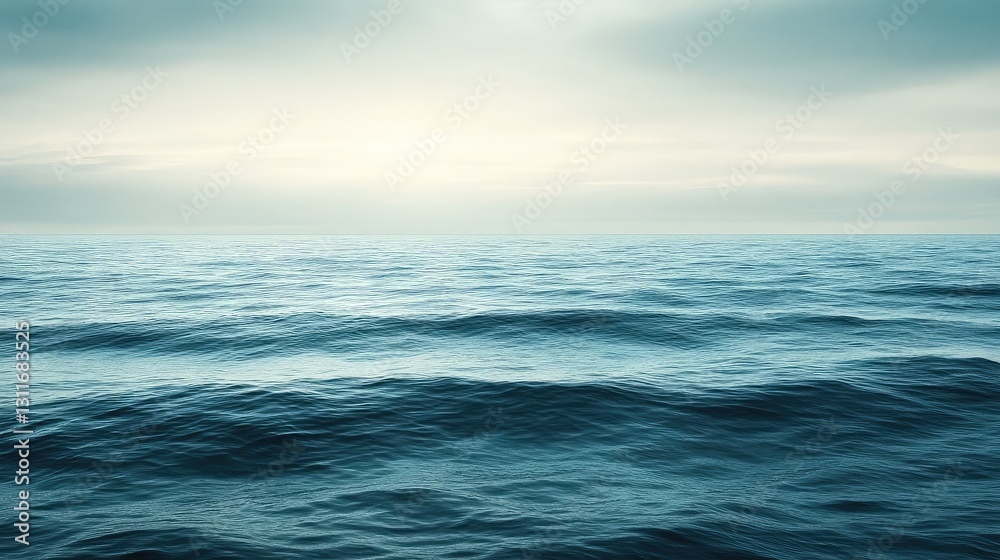 Fototapeta premium A peaceful ocean view with calm waves, symbolizing tranquility and success after overcoming challenges, with ample sky space for text.