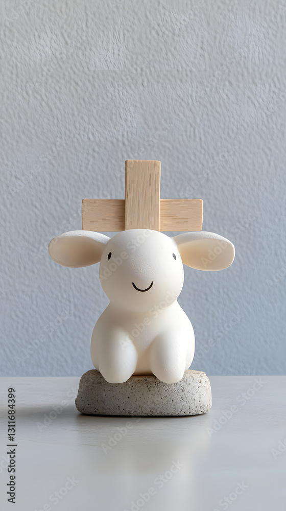 Fototapeta premium Minimalist lamb figurine with wooden cross on neutral background