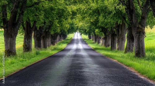 A road lined with trees leading toward a bright horizon, symbolizing a successful future ahead, with plenty of room for creative content.