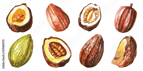 Set watercolor whole half sliced cocoa beans pods isolated on transparent background