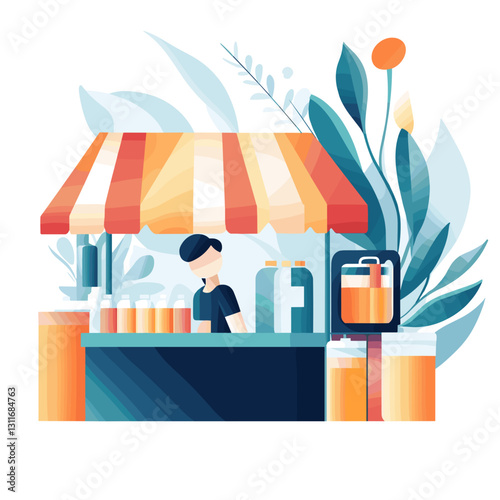 Minimalist street food stall with vendor illustration.
