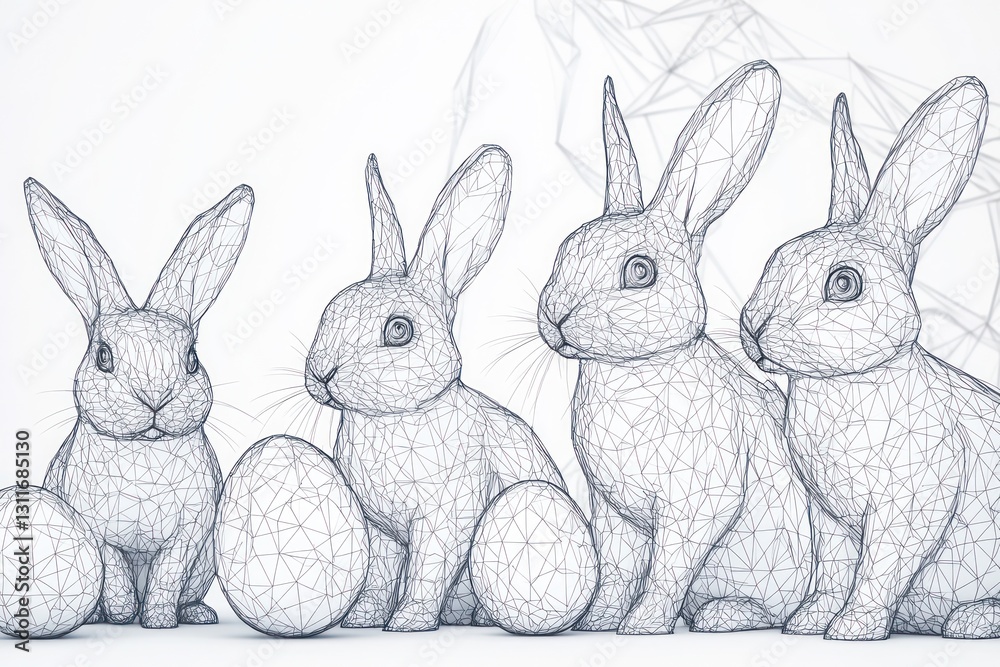 Obraz premium Creative wireframe line art of Easter bunnies on white.
