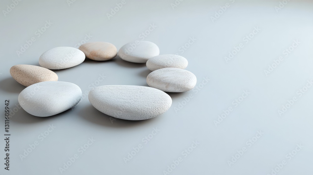 A set of smooth pebbles arranged in a harmonious circle, symbolizing meditation and belief in inner peace, with plenty of space for additional elements. A set of smooth pebbles arranged in a harmonious circle, symbolizing meditation and belief in inner peace, with plenty of space for additional elements.