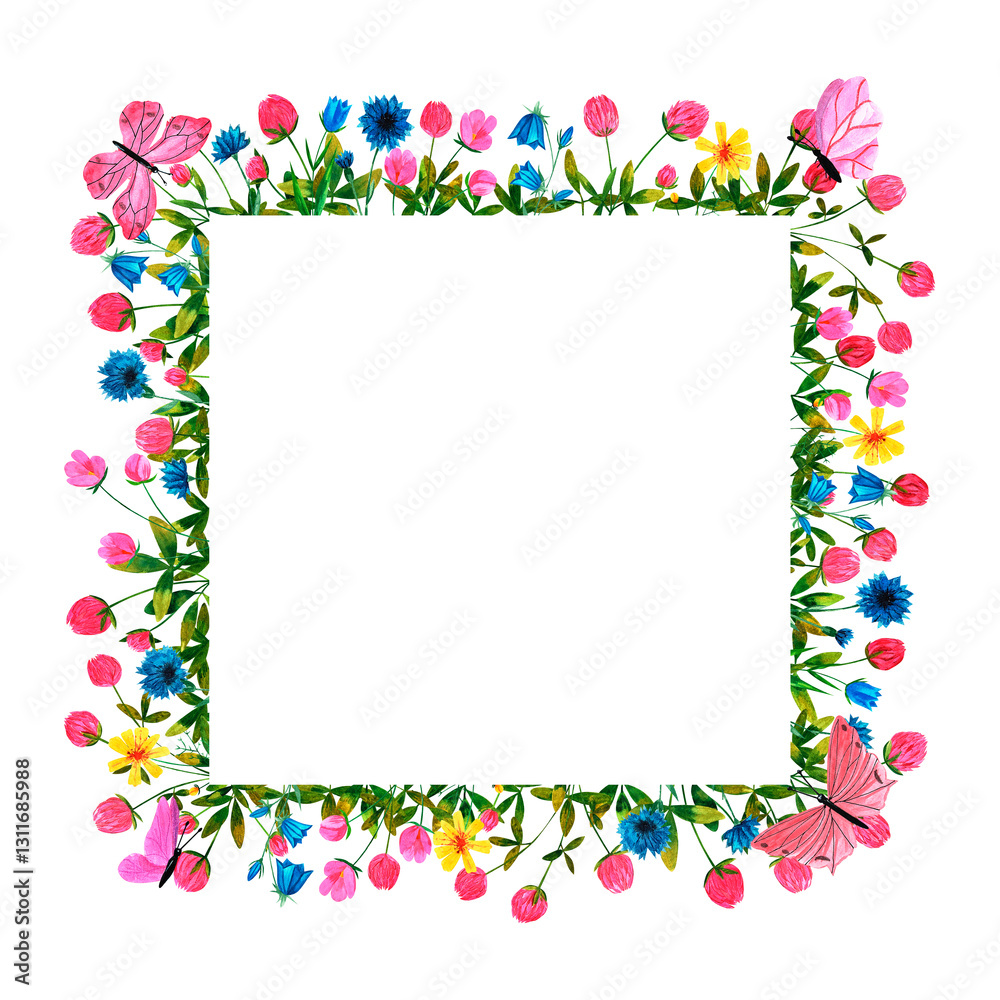 Wildflowers and clover flowers background. Set of frames of watercolor berries and clovers, dragonflies, butterflies, bumblebees and bees. Clip art, design element. Wildflowers and clover flowers background. Set of frames of watercolor berries and clovers, dragonflies, butterflies, bumblebees and bees. Clip art, design element.