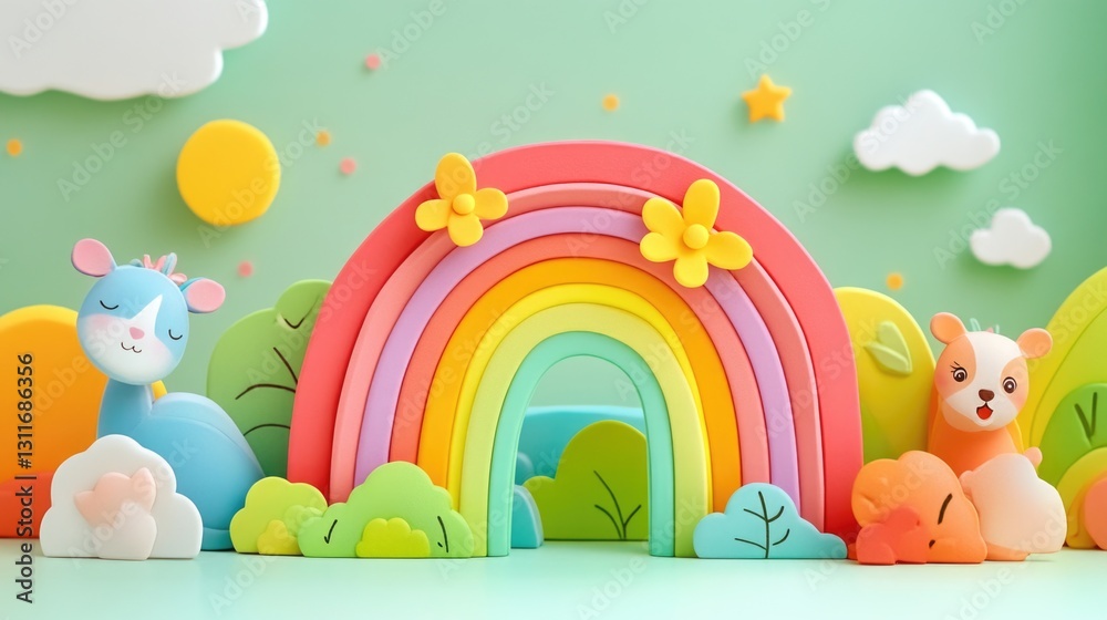 Fototapeta premium Cute handmade craft featuring rainbow and animals in a colorful nature scene.