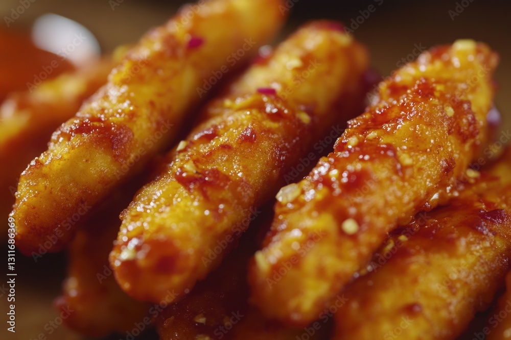 Tasty, golden fried chicken strips served with a spicy dipping sauce. Great for parties or just as a savory snack. Tasty, golden fried chicken strips served with a spicy dipping sauce. Great for parties or just as a savory snack.