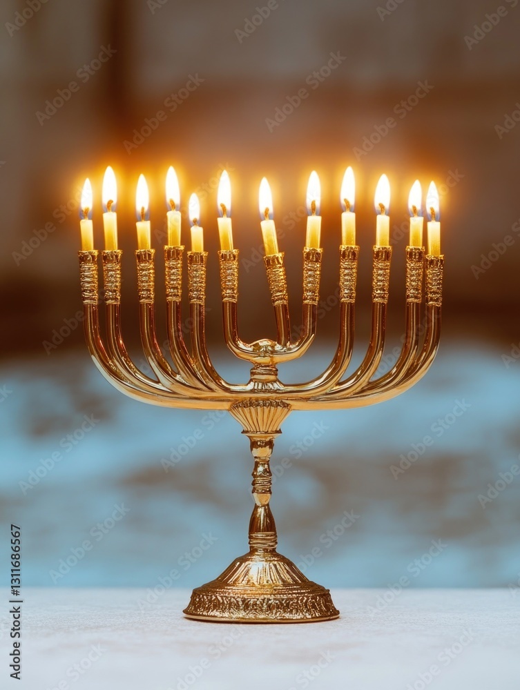 A beautiful gold candelabra with many lit candles on it. The candles are evenly spaced and the candelabra is tall, creating a warm and inviting atmosphere