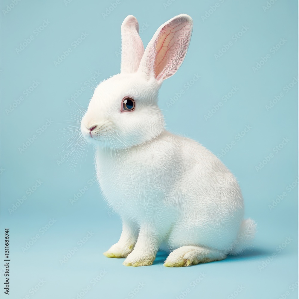 Obraz premium Soft blue background, white rabbit symbolizing joy.