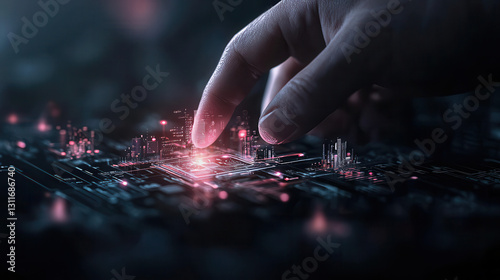 hand interacting with digital circuit board, showcasing technology and innovation. glowing elements create futuristic atmosphere