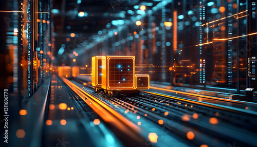 Centro logístico moderno, con gráficos futuristas, robots autónomos, cintas transportadoras y pantallas holográficas en operación.Eficiencia del futuro: la revolución tecnológica en la logística.