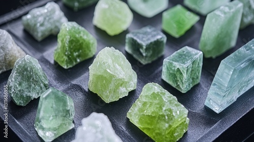 Variety of raw and faceted peridot stones neatly arranged on a lapidary cutting tray.