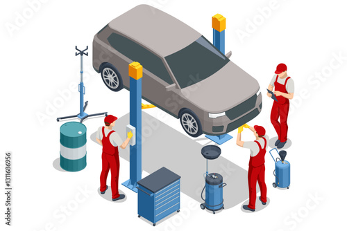 Isometric view of a gray SUV on a two-post lift. Three mechanics in red coveralls perform inspections and maintenance with various garage tools nearby.