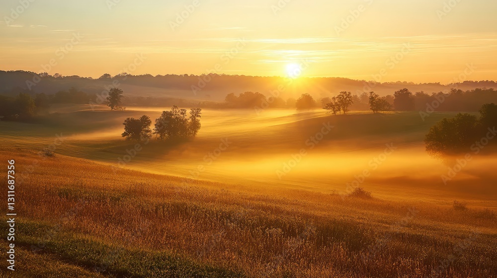 A soft sunrise casting golden light over a calm landscape, symbolizing belief in new opportunities and hope, with room for branding or text.
