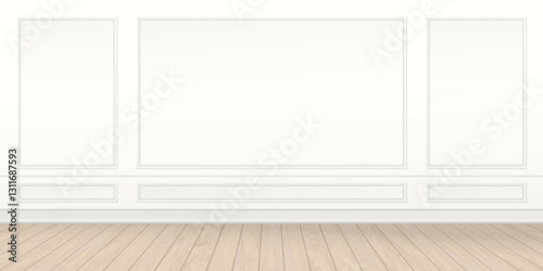Empty room with vintage white wall and wooden floor graphic illustration.