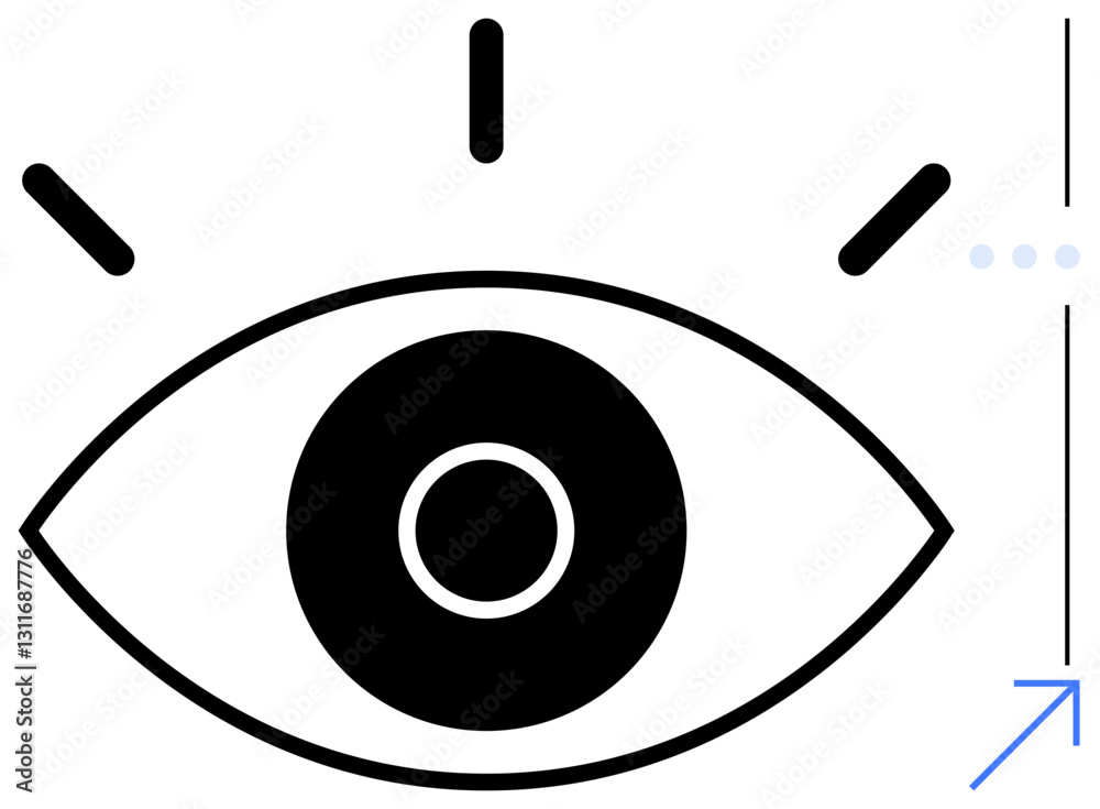 Open eye with radiating lines above, representing attention or alertness, alongside an arrow symbolizing growth or progress. Ideal for vision, focus, innovation, analysis, potential, awareness flat Open eye with radiating lines above, representing attention or alertness, alongside an arrow symbolizing growth or progress. Ideal for vision, focus, innovation, analysis, potential, awareness flat