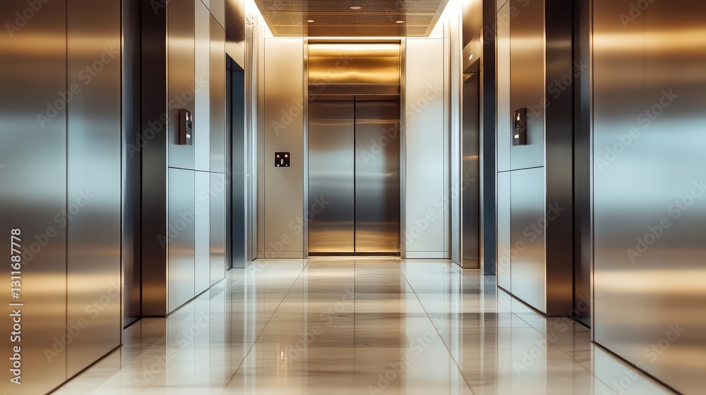 Naklejka premium A spacious elevator with soft lighting, sleek metallic surfaces, and a polished floor, offering a modern and polished backdrop for professional messaging.