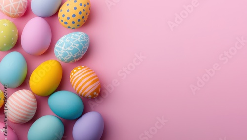 Festive cheer with a delightful arrangement of Easter eggs on pink.