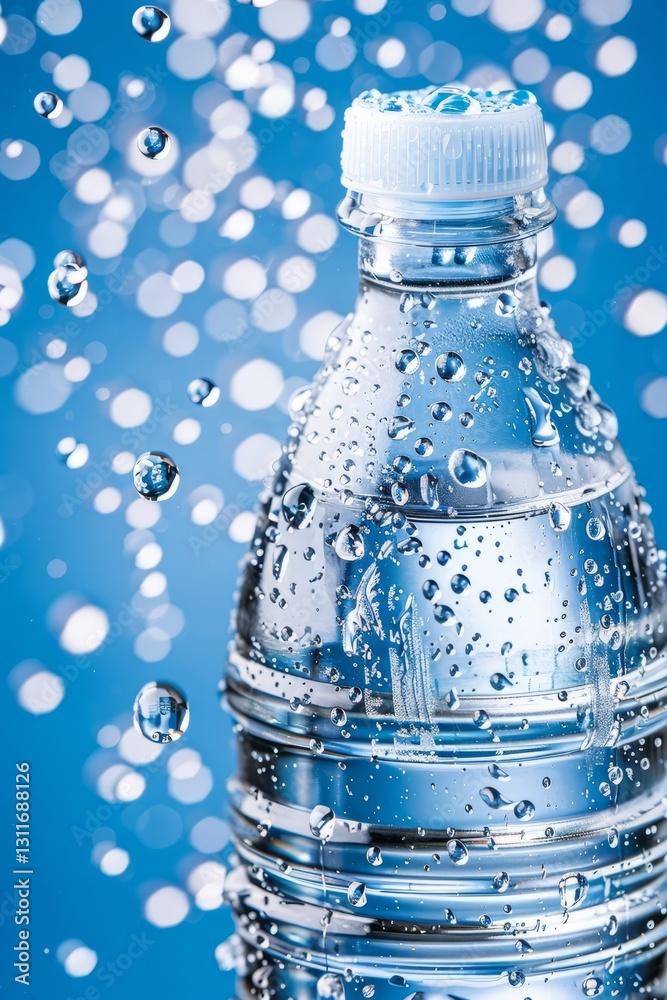 A chilled bottle of mineral water covered in condensation, surrounded by ice and illuminated by cool blue lighting. A chilled bottle of mineral water covered in condensation, surrounded by ice and illuminated by cool blue lighting.