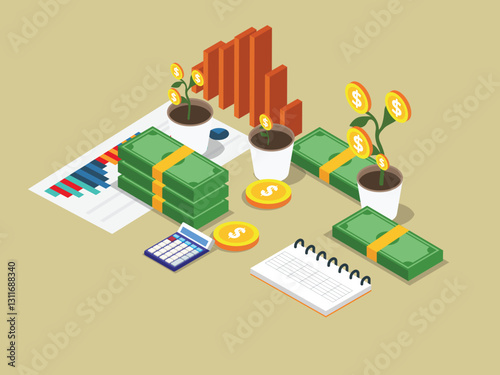 Financial Growth and Investment Concept with Money and Graphs 3d flat vector illustrations