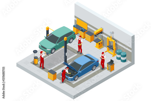 An isometric vector view of a busy auto repair bay with mechanics changing tires on a blue sedan, showcasing a functional, organized 3D workshop scene.