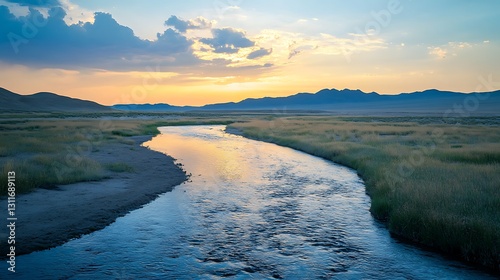 Serene sunset over a meandering river in a vast, grassy plain, with mountains in the background.