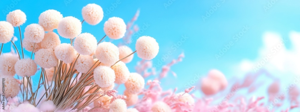 Obraz premium Pastel White and Pink Flower Bouquet Against a Bright Blue Sky