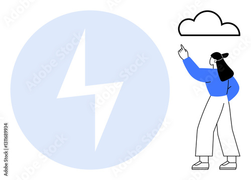 Woman pointing towards a cloud, emphasizing technology, innovation, and energy. Large lightning bolt symbolizes power. Ideal for energy, technology, cloud storage, innovation creativity connection