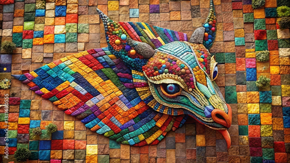 Obraz premium Vibrant Animal Patchwork on Ceramic Brick Background - Aerial View