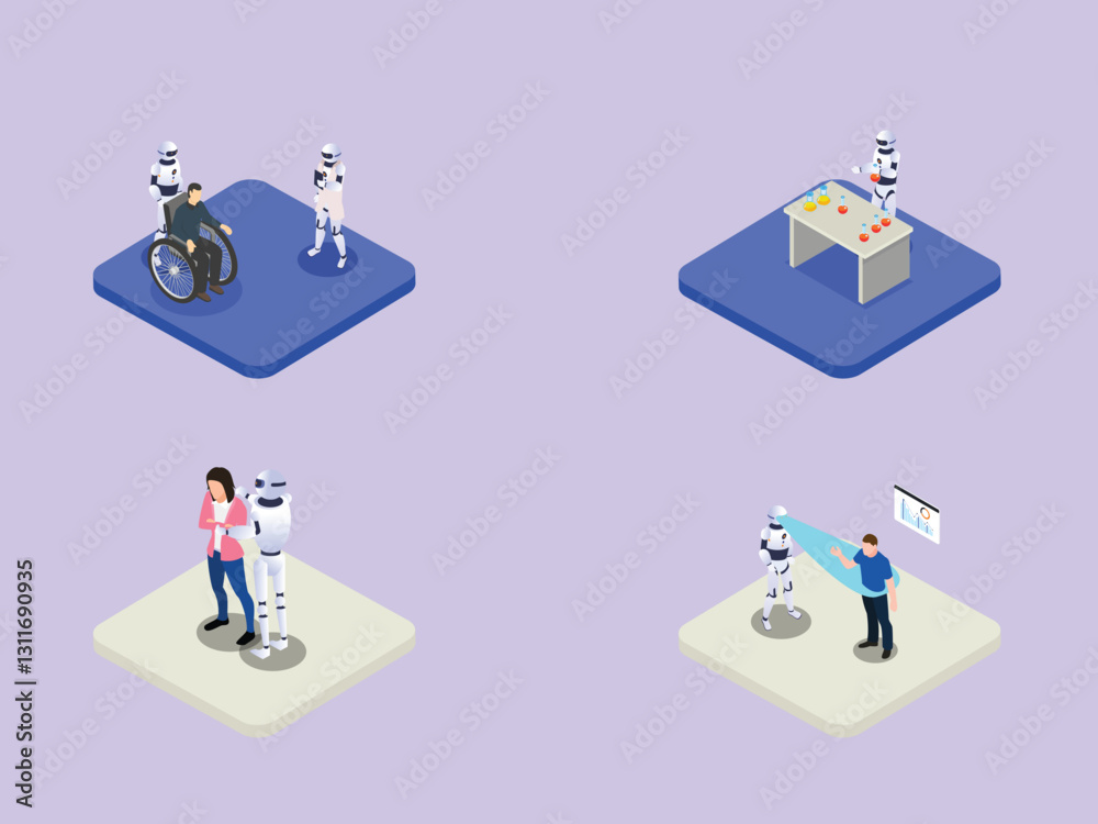 Fototapeta premium Artificial Intelligence in Healthcare, Science, and Assistance - Futuristic Robotics 3d flat vector illustrations