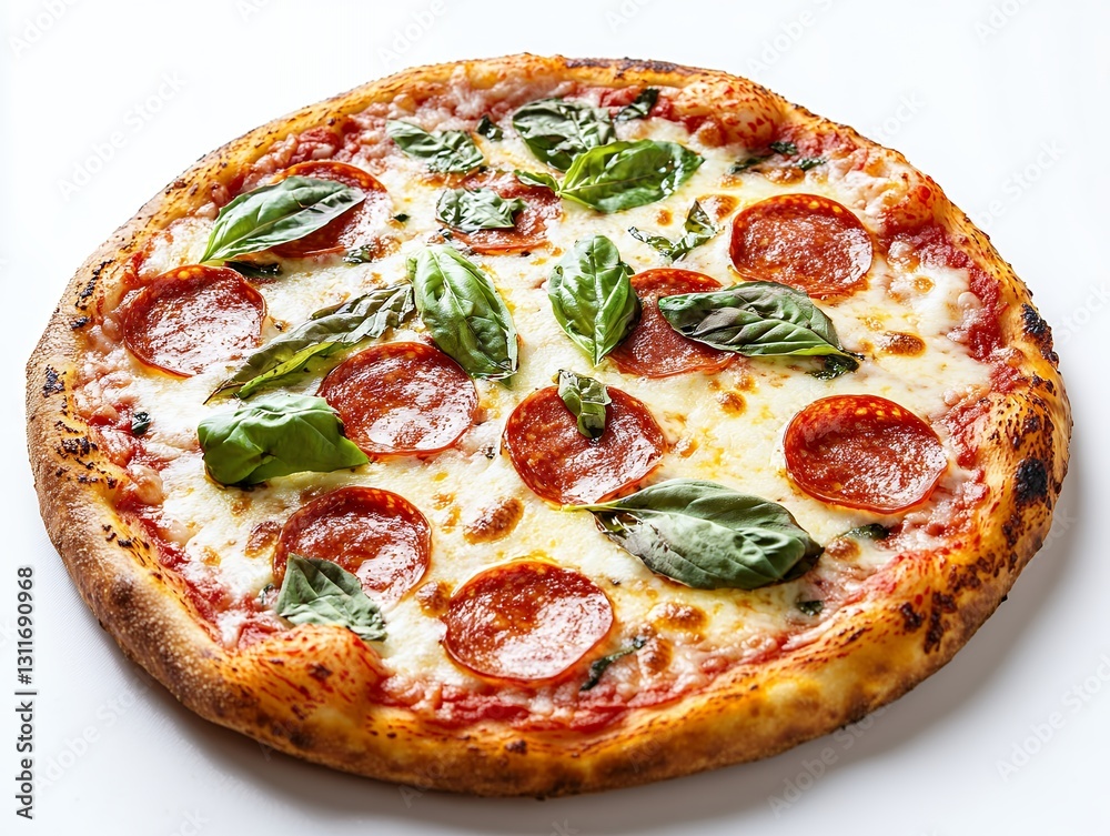 Pepperoni Pizza with Melted Mozzarella and Fresh Basil Pepperoni Pizza with Melted Mozzarella and Fresh Basil