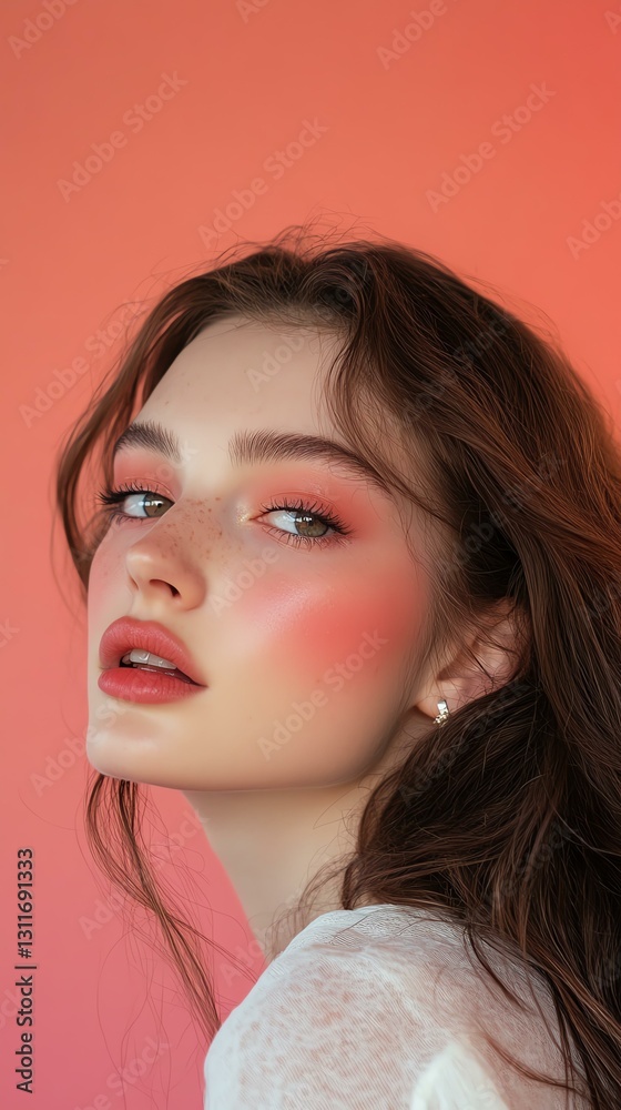 Sunset Gradients Elegant woman with natural makeup on vibrant backdrop. Sunset Gradients Elegant woman with natural makeup on vibrant backdrop.