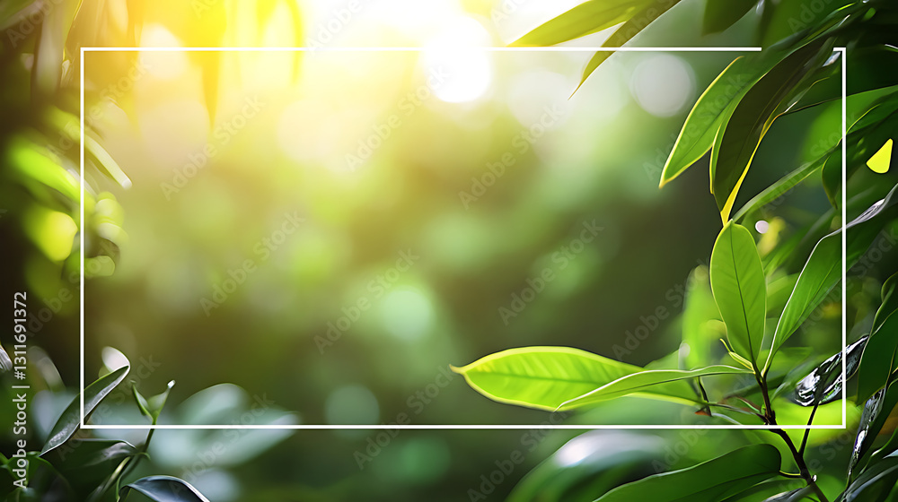 Fototapeta premium Sunlit Green Leaves with Rectangular Frame background