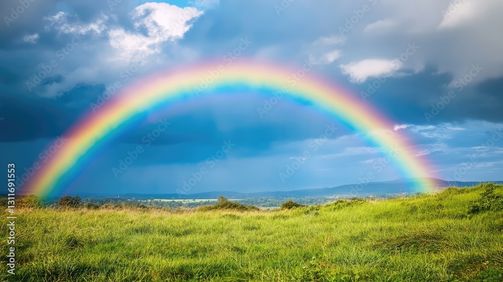 A vibrant rainbow stretching over a green meadow, symbolizing hope, promise, and belief in better things to come, with ample copy space.