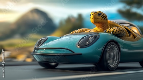 Turtle is riding in a car. The car is blue and has a yellow stripe. The turtle is on the driver's seat