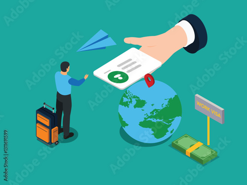 Global Work Visa and Immigration Concept with Traveler and Documentation 3d flat vector illustrations