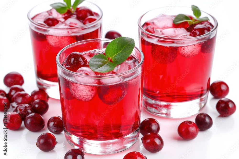 Cranberry juice served in stylish glasses with ice and fresh berries on a clean white background Cranberry juice served in stylish glasses with ice and fresh berries on a clean white background