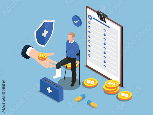 Health Insurance and Medical Compensation Concept – Financial Support for Injured Patients 3d flat vector illustrations