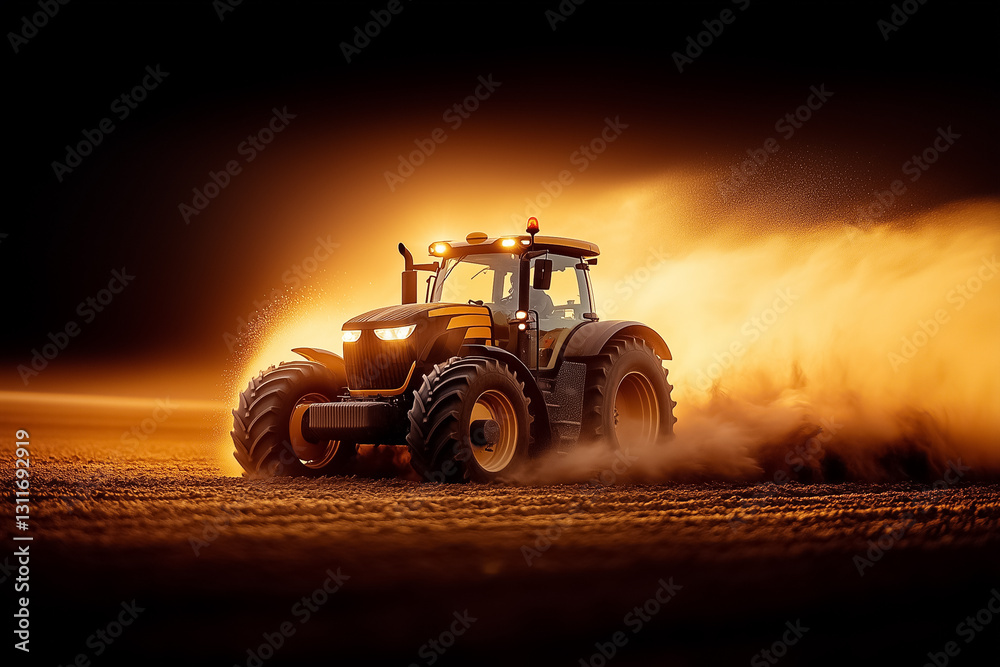 Obraz premium Sunlight pierces through a dust cloud as a tractor furrows the earth in a sprawling field. The mix of light and dust creates a captivating dynamic that emphasizes hard work