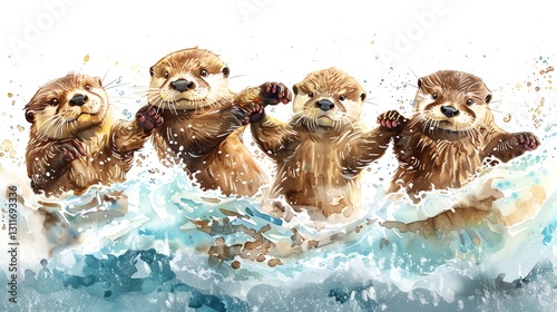 A watercolor painting of four otters in a river, with a blurred background of trees.
