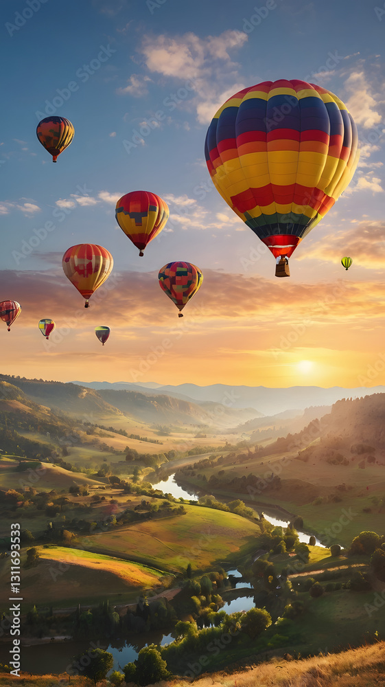 Naklejka premium Balloon Ascent over Scenic Valley: Colorful hot air balloons drift gracefully above a picturesque valley at sunrise, evoking a sense of adventure and freedom