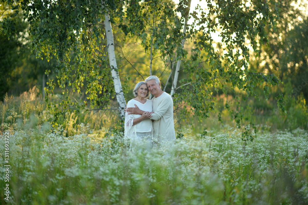 Loving mature couple in the park in summer