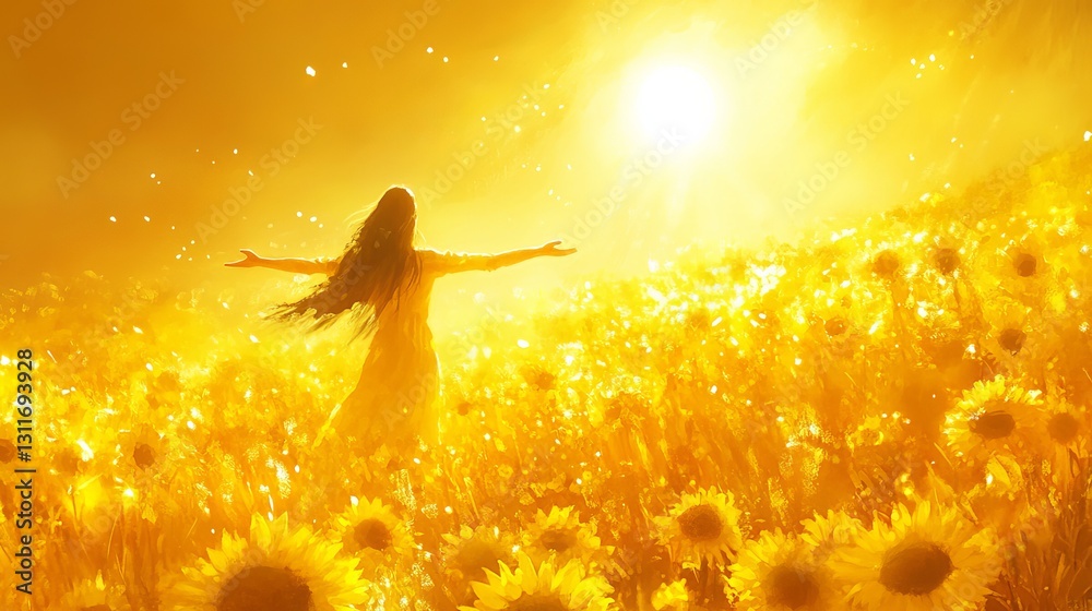 Naklejka premium Yellow Color Therapy â€“ Happiness & Positivity. A radiant field of golden sunflowers under a bright, glowing sun. The golden hues reflect pure joy, and the light dances on the petals, creating a warm