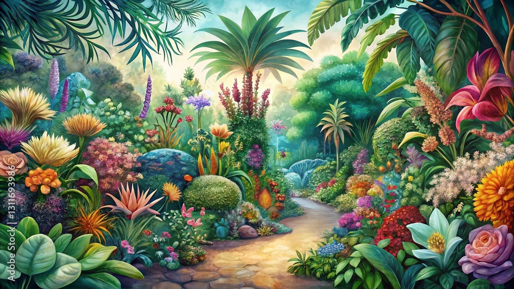 Obraz premium Vibrant Botanical Garden Hand-Drawn Illustration: Lush Flowers & Plants
