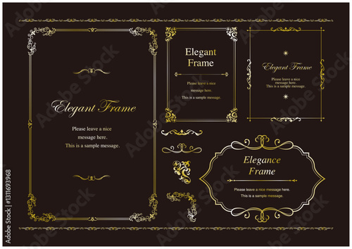 高級感のあるエレガンスなフレームセット、飾り罫、装飾デザイン、上品なあしらい、金、ゴールド