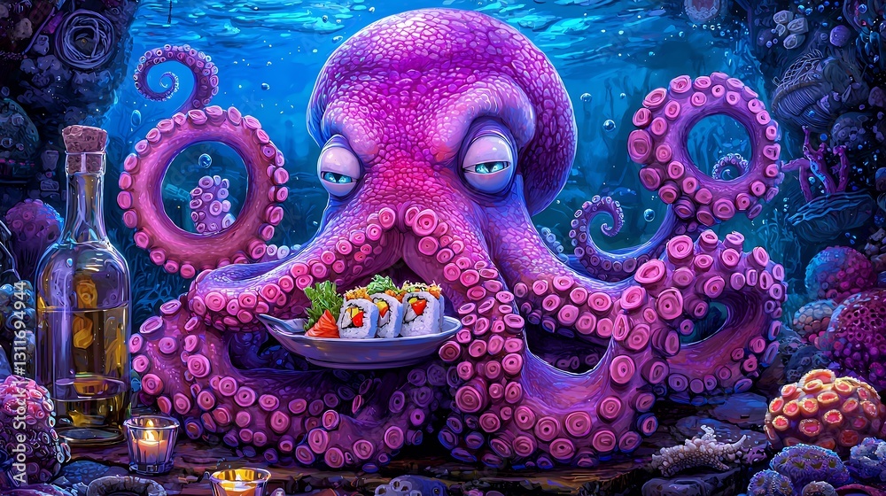 Fototapeta premium Pink Octopus Enjoying Sushi in an Underwater Scene