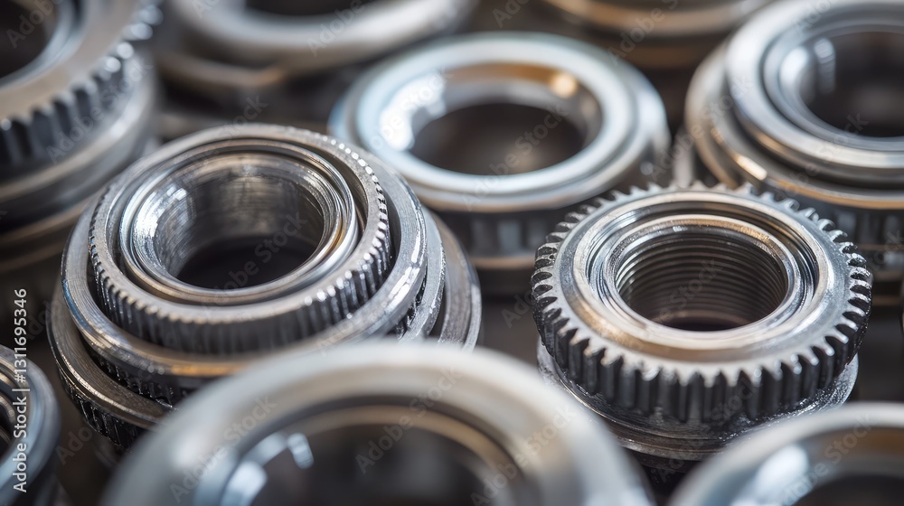 Close-up of ball bearings and metal components, neatly arranged on an industrial surface. Close-up of ball bearings and metal components, neatly arranged on an industrial surface.