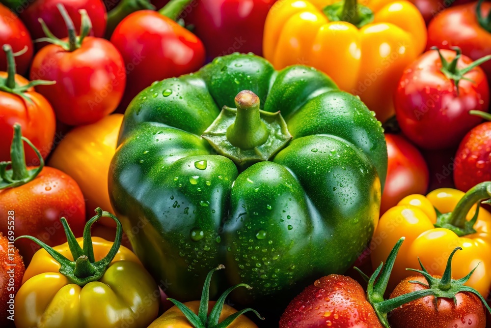 Vibrant Close-up of Colorful Peppers and Tomatoes: Green, Red, Yellow & Green Tomatoes Vibrant Close-up of Colorful Peppers and Tomatoes: Green, Red, Yellow & Green Tomatoes