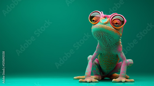 Colorful Chameleon Wearing Stylish Sunglasses Against Vibrant Green Background, copy space